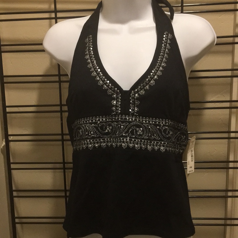 NWT Petite Med a.n.a. Black Embellished Halter Top Shelf Bra